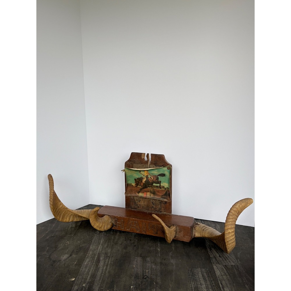 Vintage Western Ram Horn Wood Wall Mount Rack Rodeo Cowboy Decor  Carved